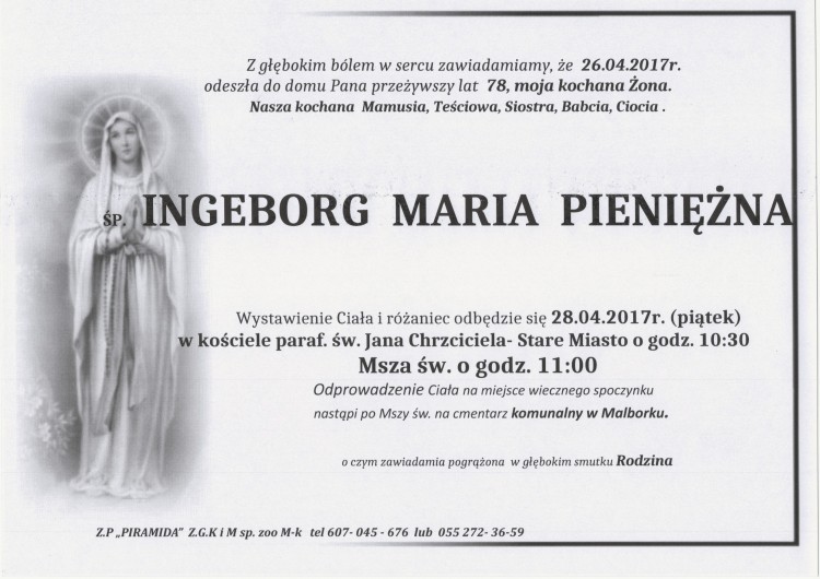 Zmarła Ingeborg Maria Pieniężna. Żyła 78 lat.