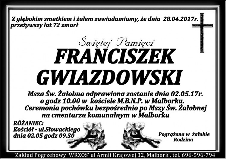 Zmarł Franciszek Gwiazdowski. Żył 72 lata.