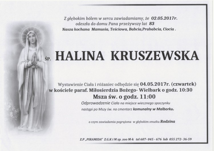 Zmarła Halina Kruszewska. Żyła 83 lata.