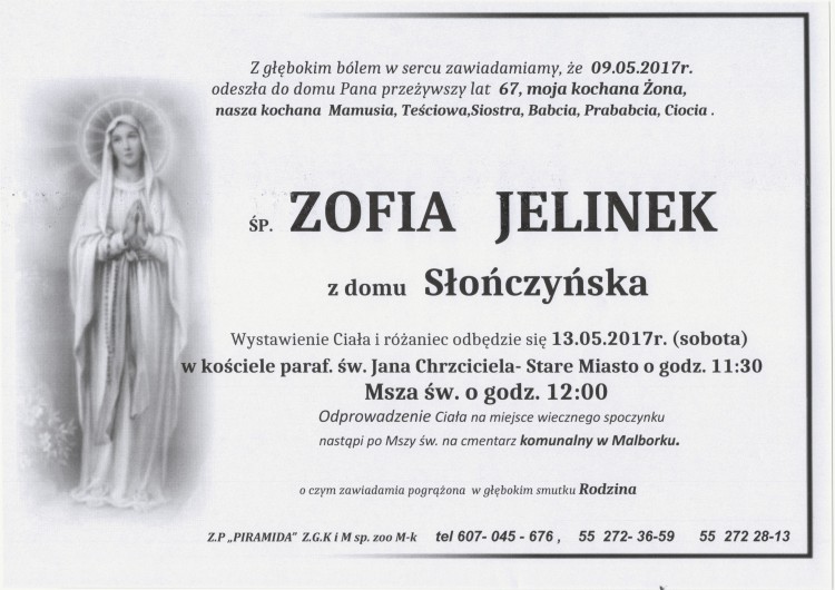 Zmarła Zofia Jelinek. Żyła 67 lat.