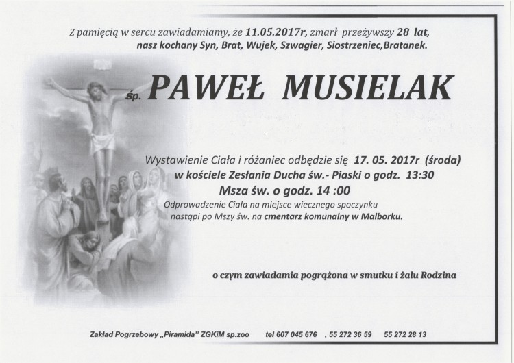 Zmarł Paweł Musielak. Żył 28 lat.