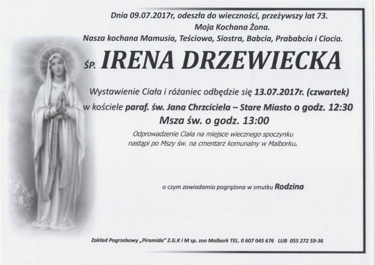 Zmarła Irena Drzewiecka. Żyła 73 lat.