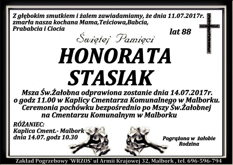 Zmarła Honorata Stasiak. Żyła 88 lat.