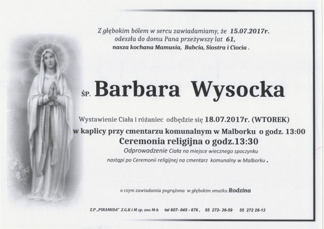 Zmarła Barbara Wysocka. Żyła 61 lat.