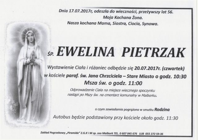 Zmarła Ewelina Pietrzak. Żyła 56 lat
