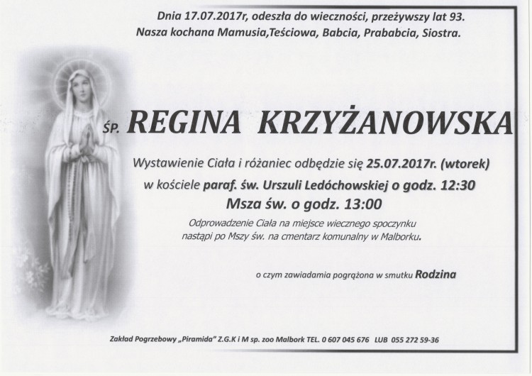 Zmarła Regina Krzyżanowska. Żyła 93 lata.