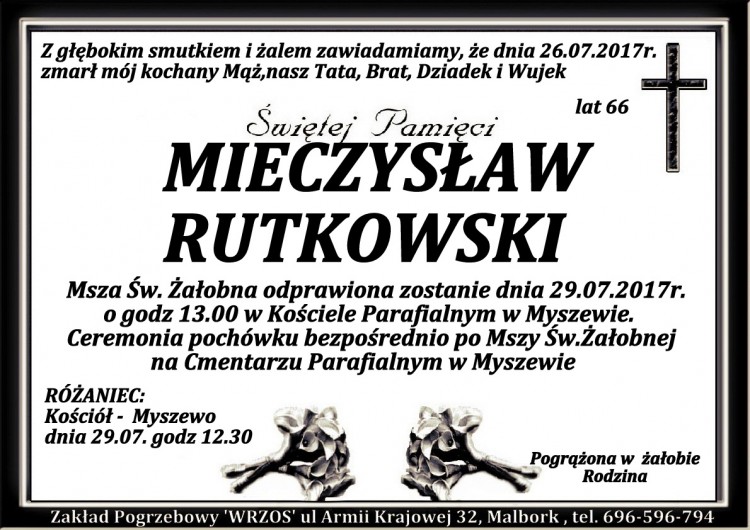 Zmarł Mieczysław Rutkowski. Żył 66 lat