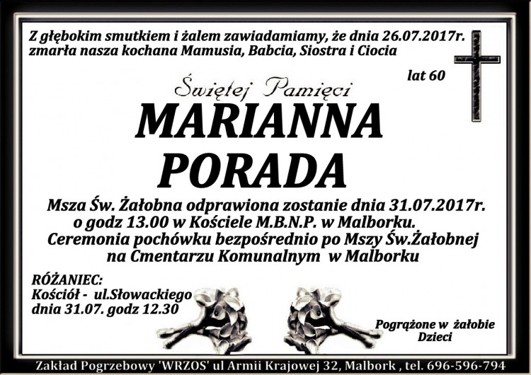 Zmarła Marianna Porada. Żyła 60 lat.