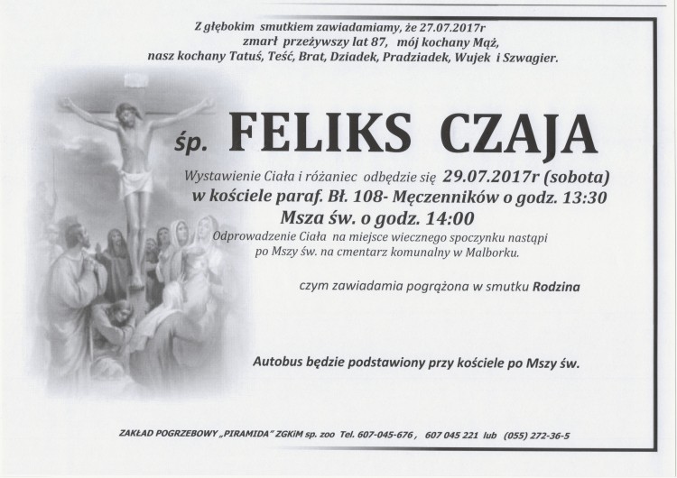 Zmarł Feliks Czaja. Żył 87 lat.