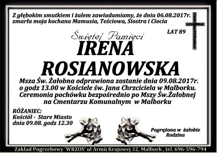 Zmarła Irena Rosianowska. Żyła 89 lat.