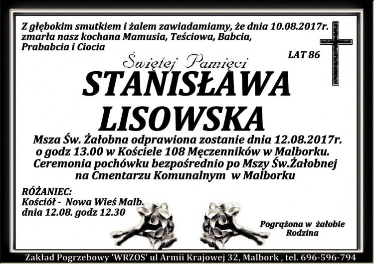 Zmarła Stanisława Lisowska. Żyła 86 lat.