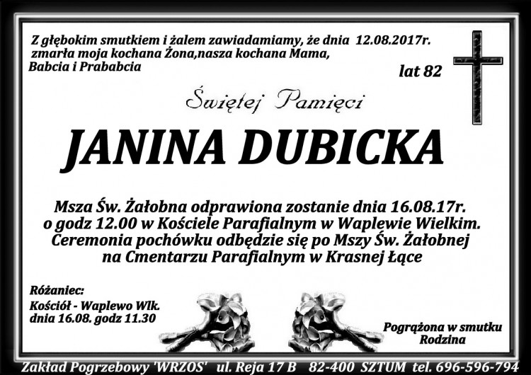 Zmarła Janina Dubicka. Żyła 82 lat.