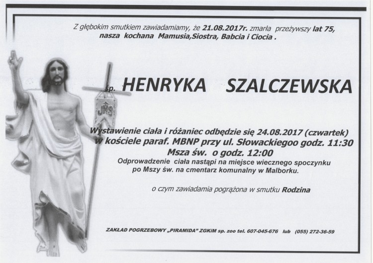  Zmarła Henryka Szalczewska. Żyła 75 lat