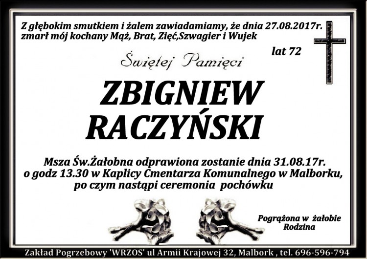Zmarł Zbigniew Raczyński. Żył 72 lat.