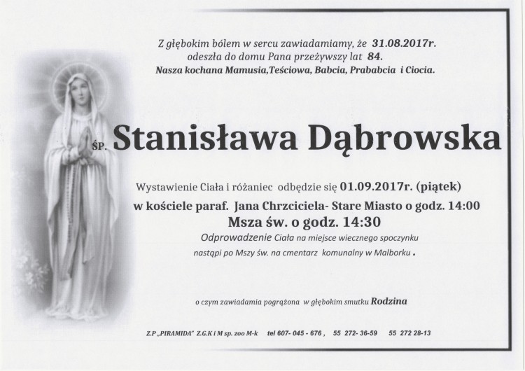 Zmarła Stanisława Dąbrowska. Żyła 84 lat.