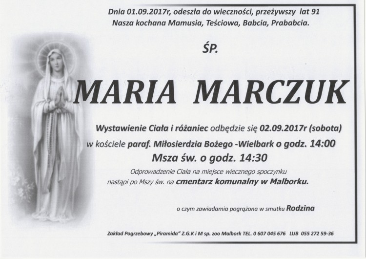 Zmarła Maria Marczuk. Żyła 91 lat