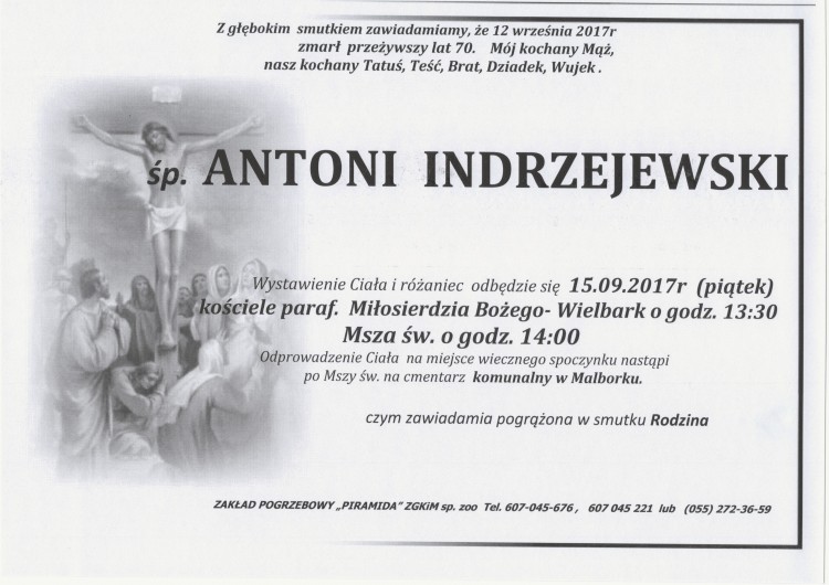 Zmarł Antoni Indrzejewski. Żył 70 lat.