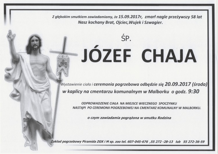Zmarł Józef Chaja. Żył 58 lat.