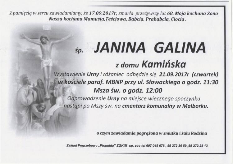 Zmarła Janina Galina. Żyła 68 lat.