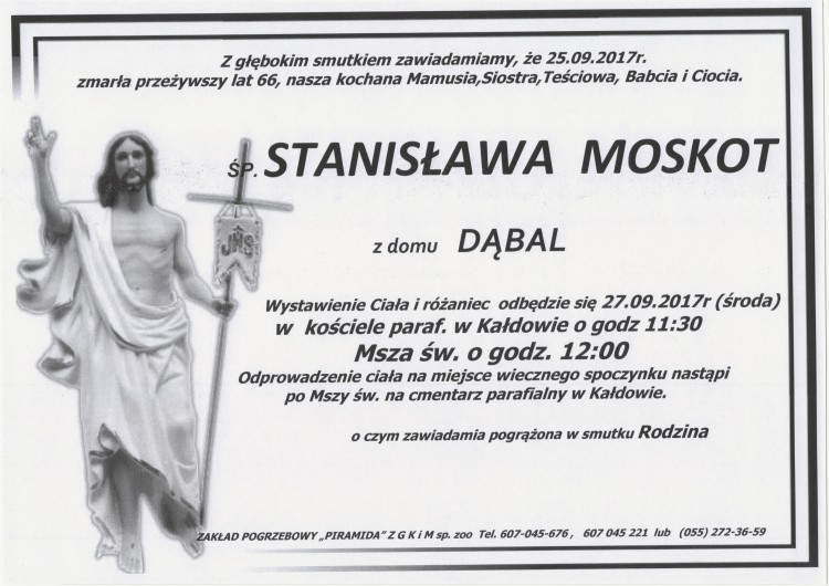 Zmarła Stanisława Moskot. Żyła 66 lat.