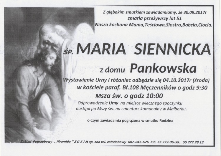 Zmarła Maria Siennicka. Żyła 51 lat.