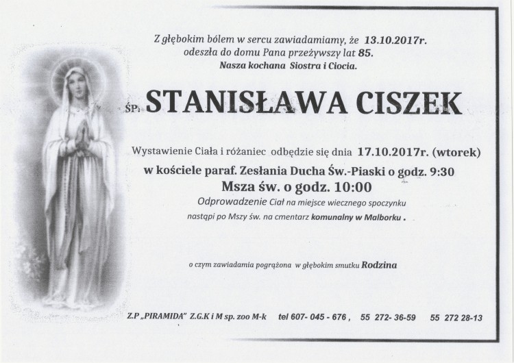 Zmarła Stanisława Ciszek. Żyła 85 lat.