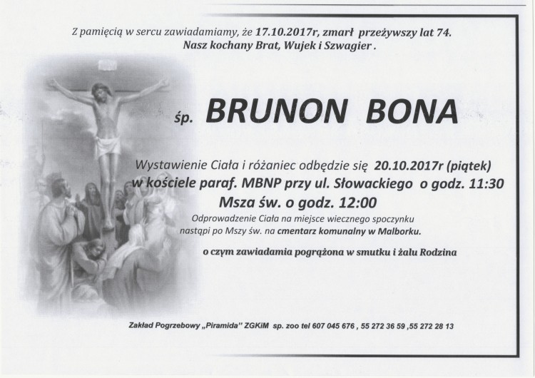Zmarł Brunon Bona. Żył 74 lat.