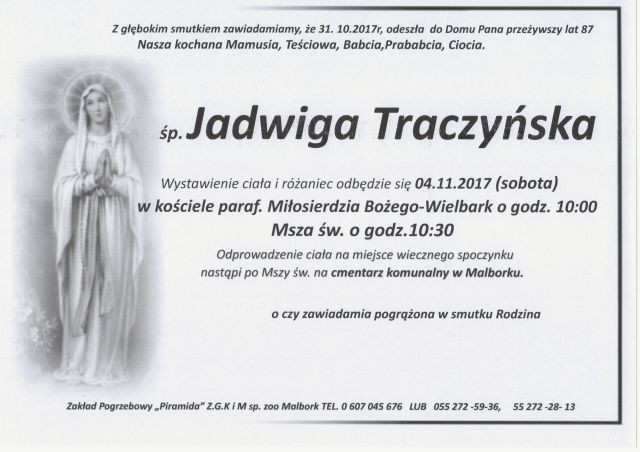 Zmarła Jadwiga Traczyńska. Żyła 87 lat.