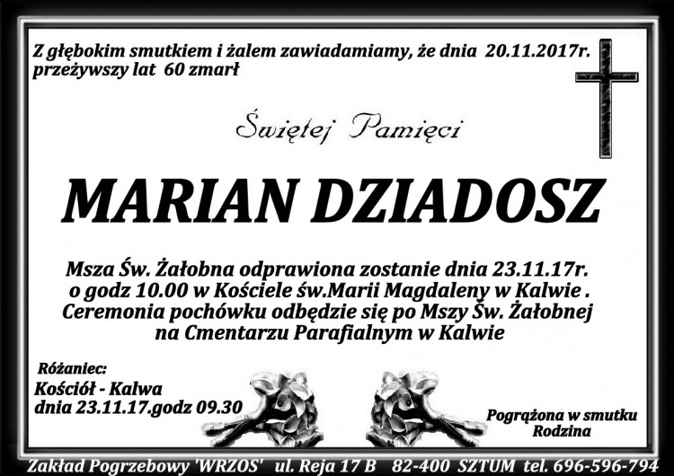 Zmarł Marian Dziadosz. Żył 60 lat