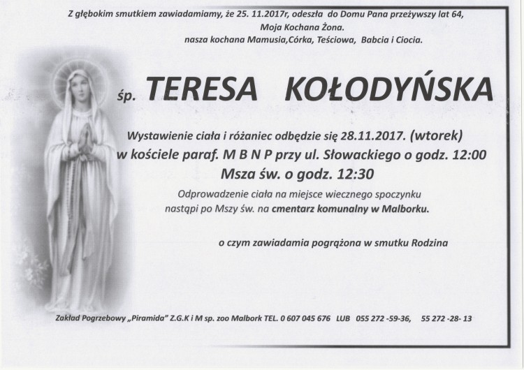 Zmarła Teresa Kołodyńska. Żyła 64 lata.