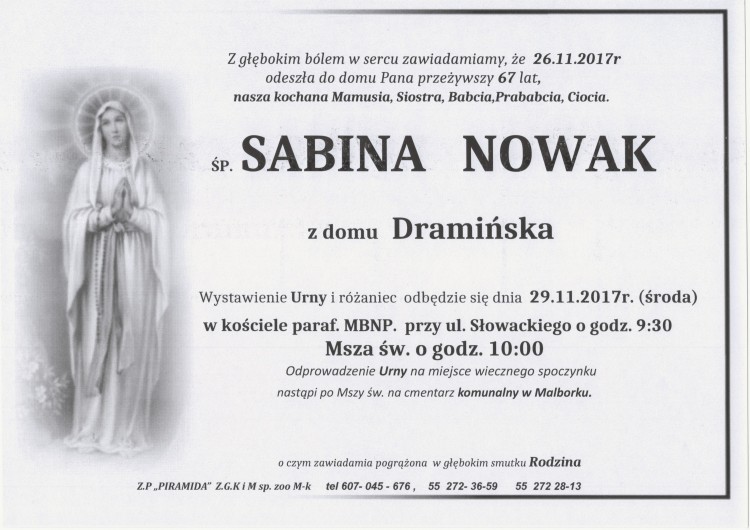 Zmarła Sabina Nowak. Żyła 67 lat.