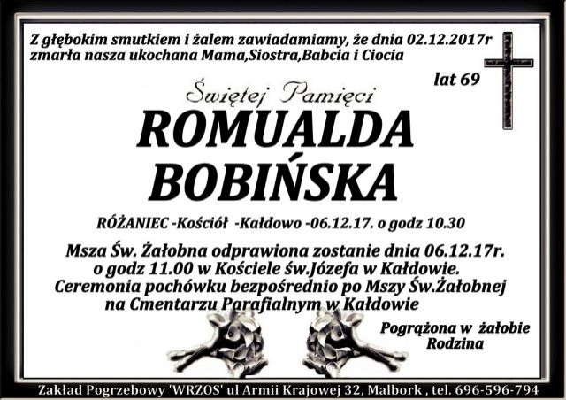 Zmarła Romualda Bobińska. Żyła 69 lat