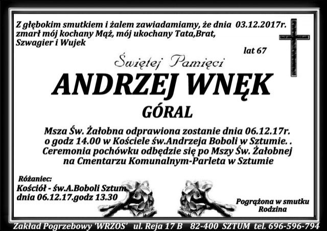 Zmarł Andrzej Wnęk. Żył 67 lat.