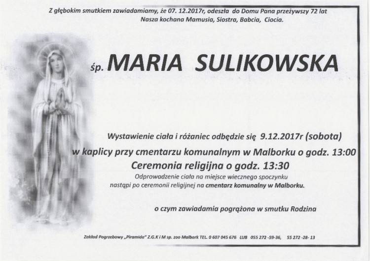 Zmarła Maria Sulikowska. Żyła 72 lat.