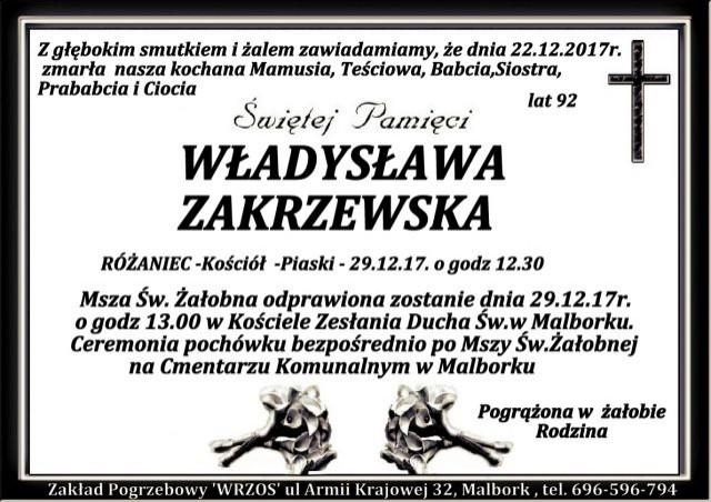 Zmarła Władysława Zakrzewska. Żyła 92 lat.