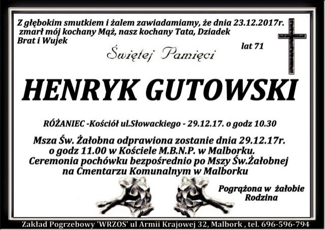 Zmarł Henryk Gutowski. Żył 71 lat.