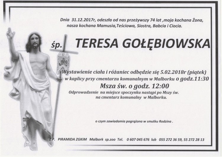 Zmarła Teresa Gołębiowska. Żyła 74 lat