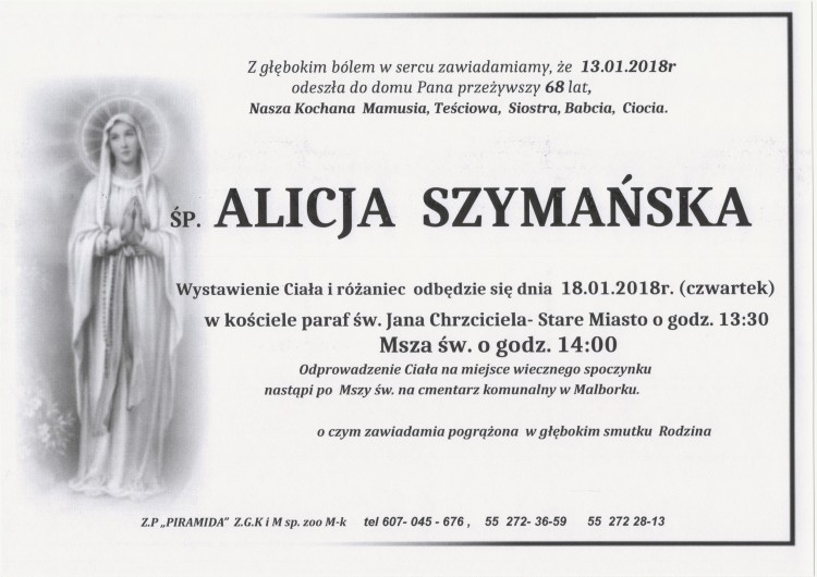 Zmarła Alicja Szymańska. Żyła 68 lat.