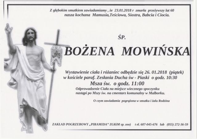 Zmarła Bożena Mowińska. Żyła 60 lat.