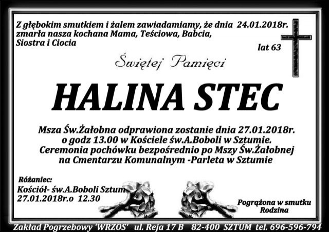 Zmarła Halina Stec. Żyła 63 lat.