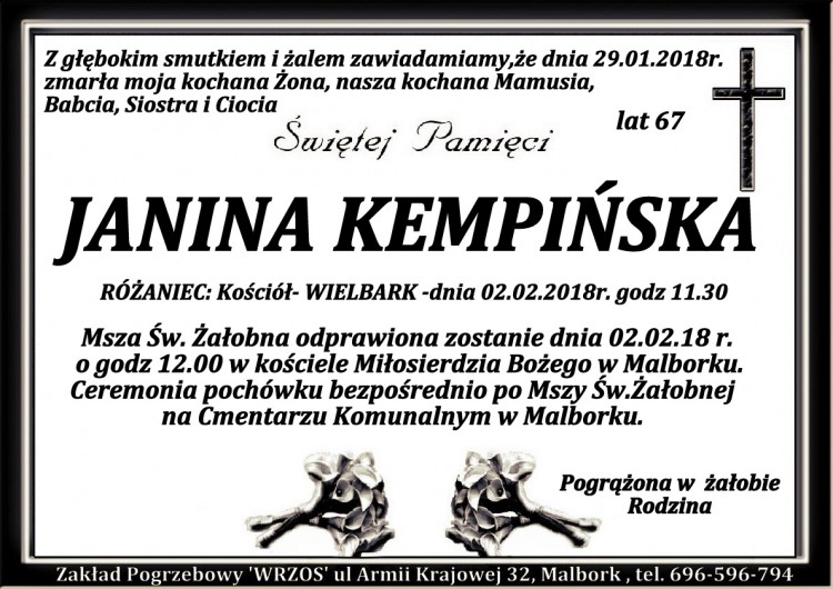 Zmarła Janina Kempińska. Żyła 67 lat.  