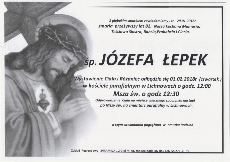 Zmarła Józefa Łepek. Żyła 82 lata. 