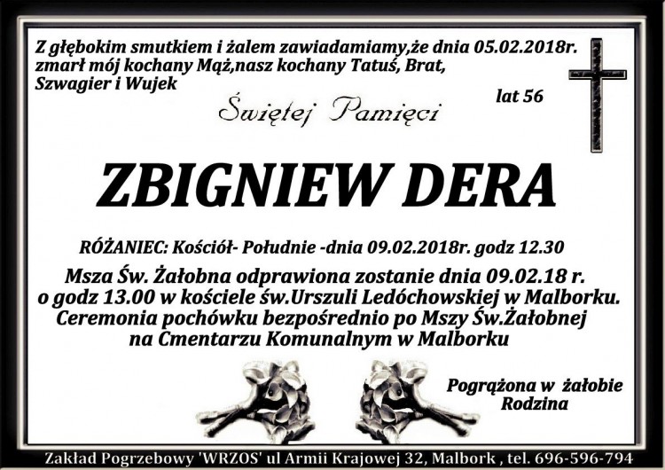 Zmarł Zbigniew Dera. Żył 56 lat.