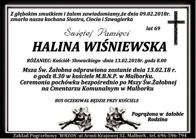 Zmarła Halina Wiśniewska. Żyła 69 lat.