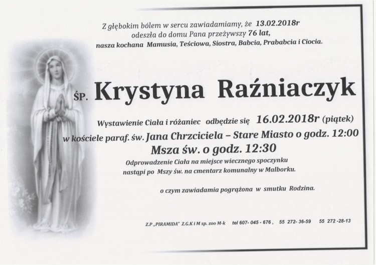 Zmarła Krystyna Raźniaczyk. Żyła 76 lat.