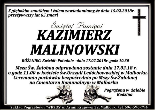 Zmarł Kazimierz Malinowski. Żył 65 lat.