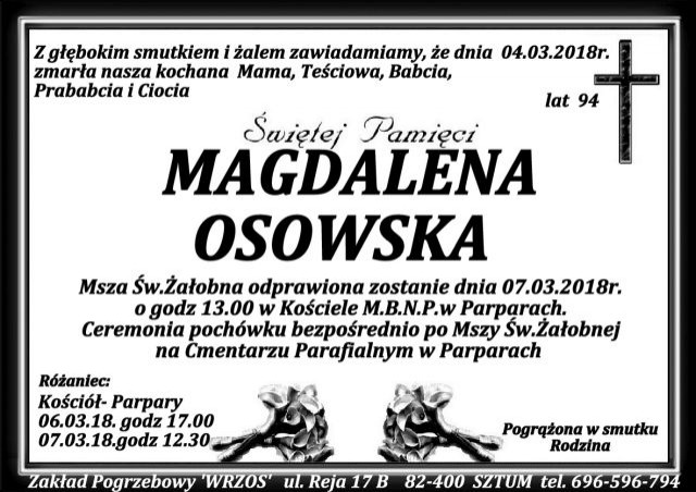 Zmarła Magdalena Osowska. Żyła 94 lata.