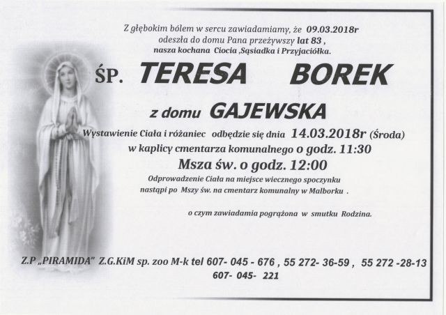 Zmarła Teresa Borek. Żyła 83 lata.