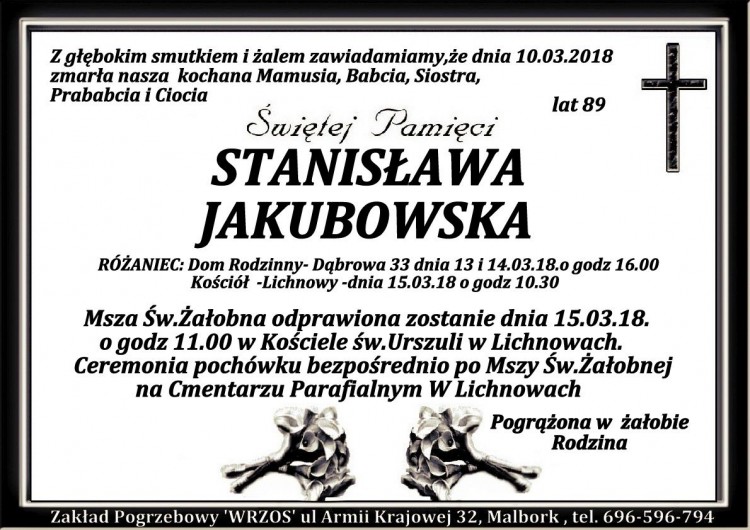 Zmarła Stanisława Jakubowska. Żyła 89 lat