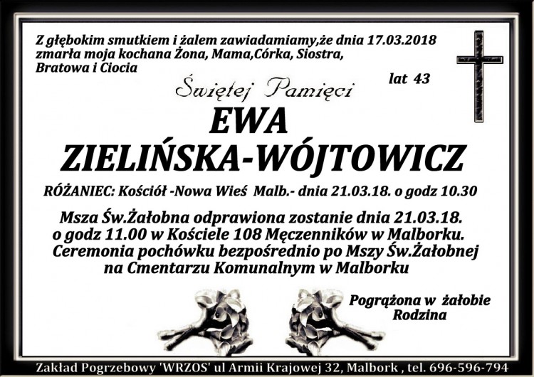Zmarła Ewa Zielińska- Wójtowicz. Żyła 43 lata.